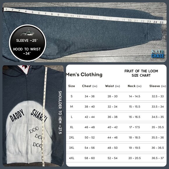 Grey Red Daddy Shark Zip Up Hoodie Mens Large Custom OOAK Father Family Costume - Picture 12 of 12